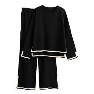 Women's 2 Piece Outfits Long Sleeve Knit Sweater Top Wide Leg Pants Lounge Sets